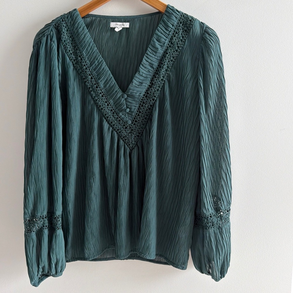 Maurices Teal Crinkle Boho Crochet Lace Peasant Blouse Balloon Sleeve S